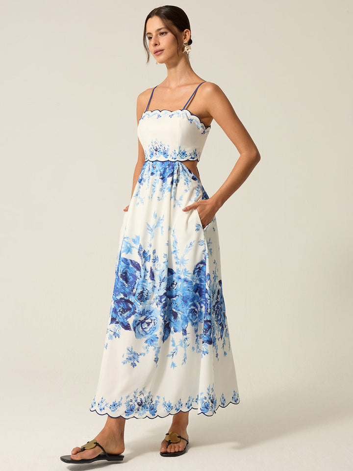 Pocketed Floral Print Cut-Out Maxi Dress