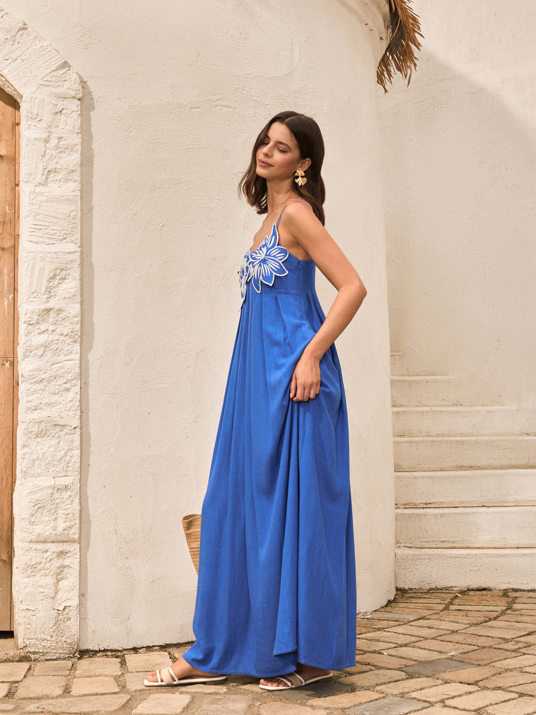 Cotton & Linen Floral Detail Cami Dress With Pockets