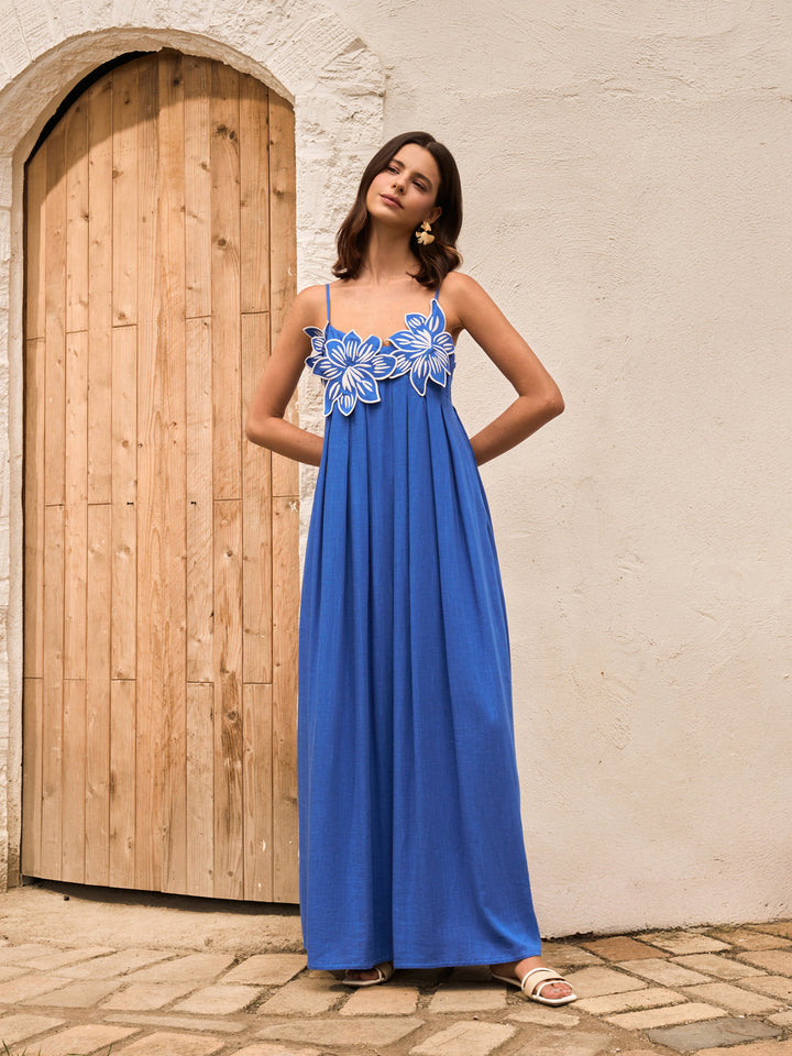 Cotton & Linen Floral Detail Cami Dress With Pockets