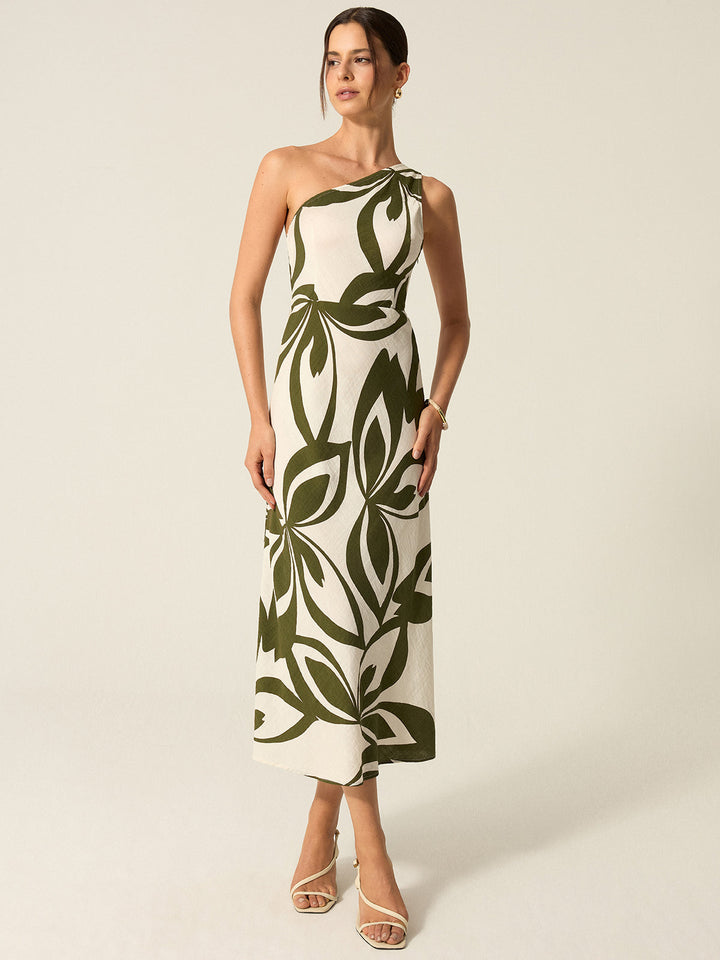 One-Shoulder Printed Midi Dress