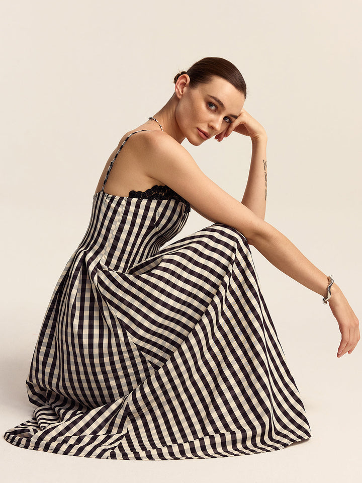 Gingham Spaghetti Strap Midi Dress with Lace Trim