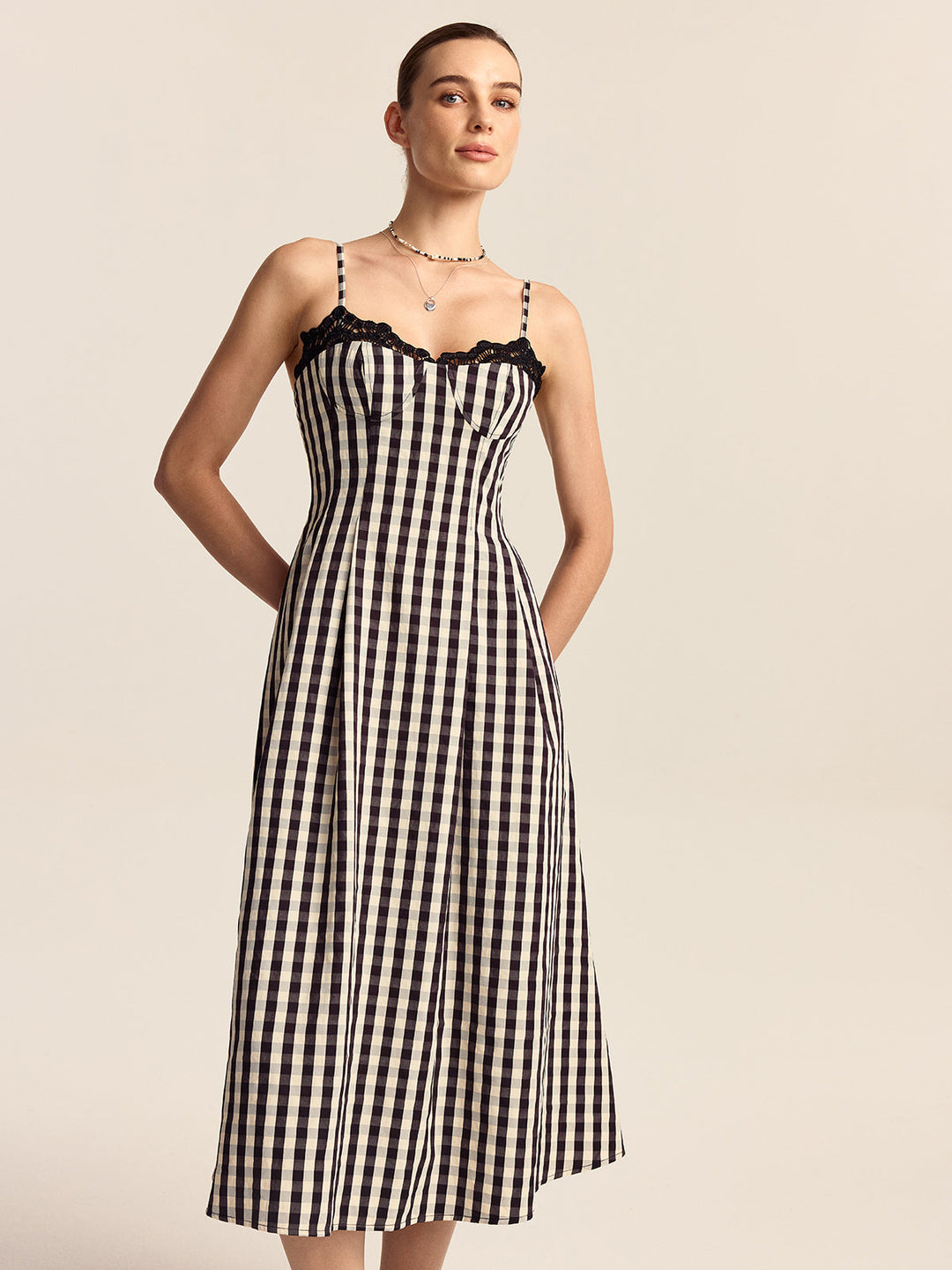 Gingham Spaghetti Strap Midi Dress with Lace Trim
