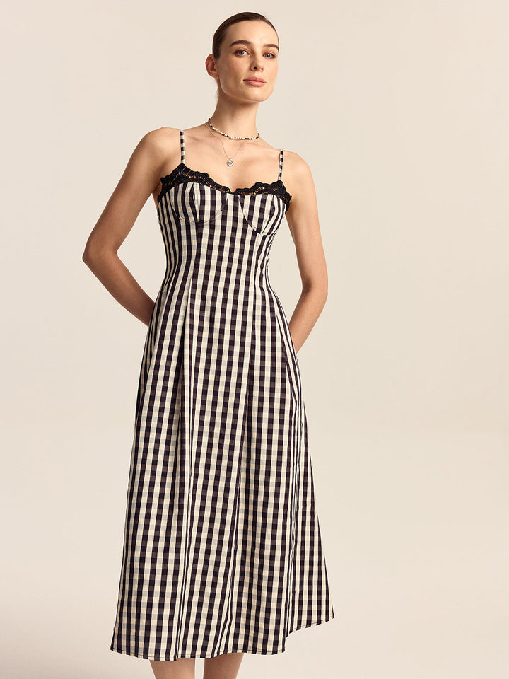 Gingham Spaghetti Strap Midi Dress with Lace Trim