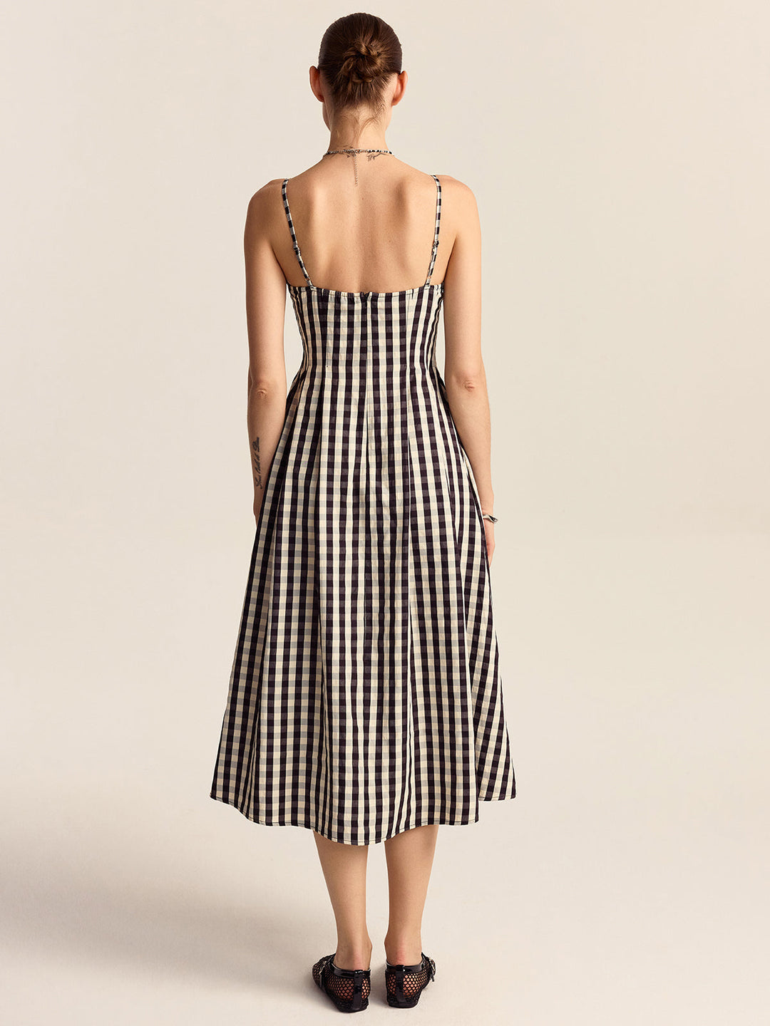 Gingham Spaghetti Strap Midi Dress with Lace Trim