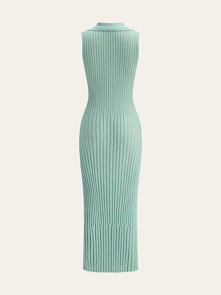 Ribbed Textured Knit Midi Dress with Polo Collar