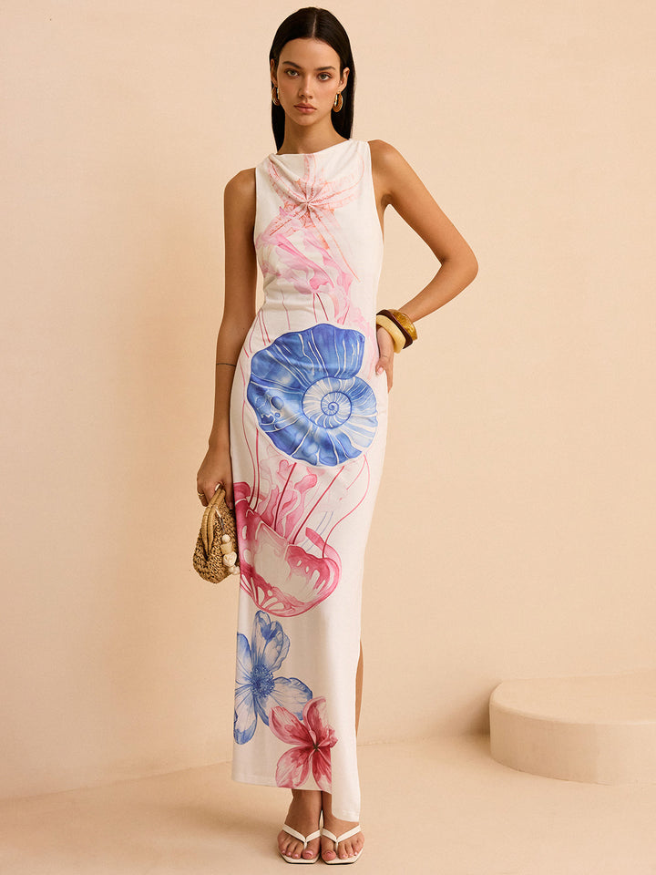 Semi-Sheer Ocean Print Maxi Dress with Slit