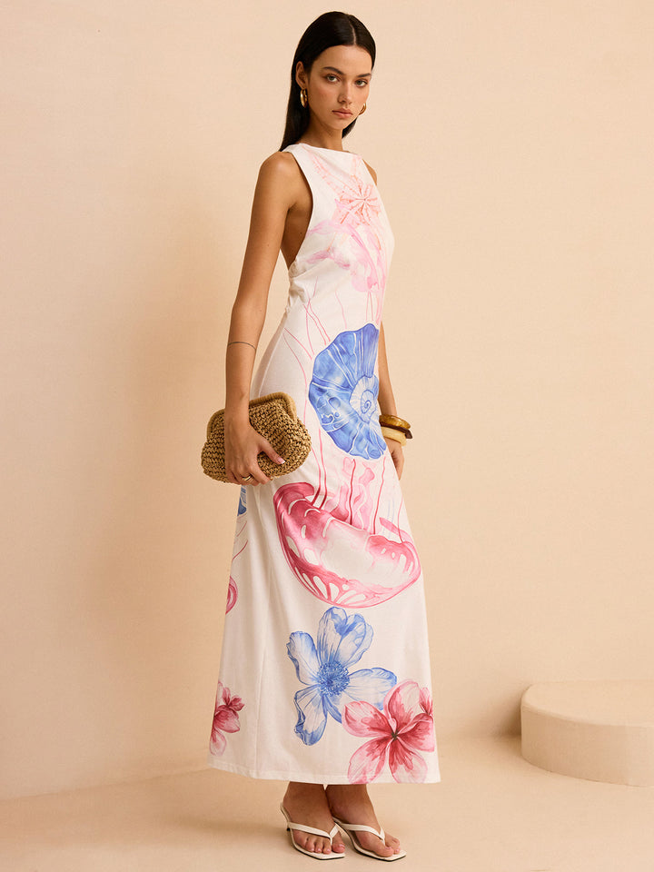 Semi-Sheer Ocean Print Maxi Dress with Slit