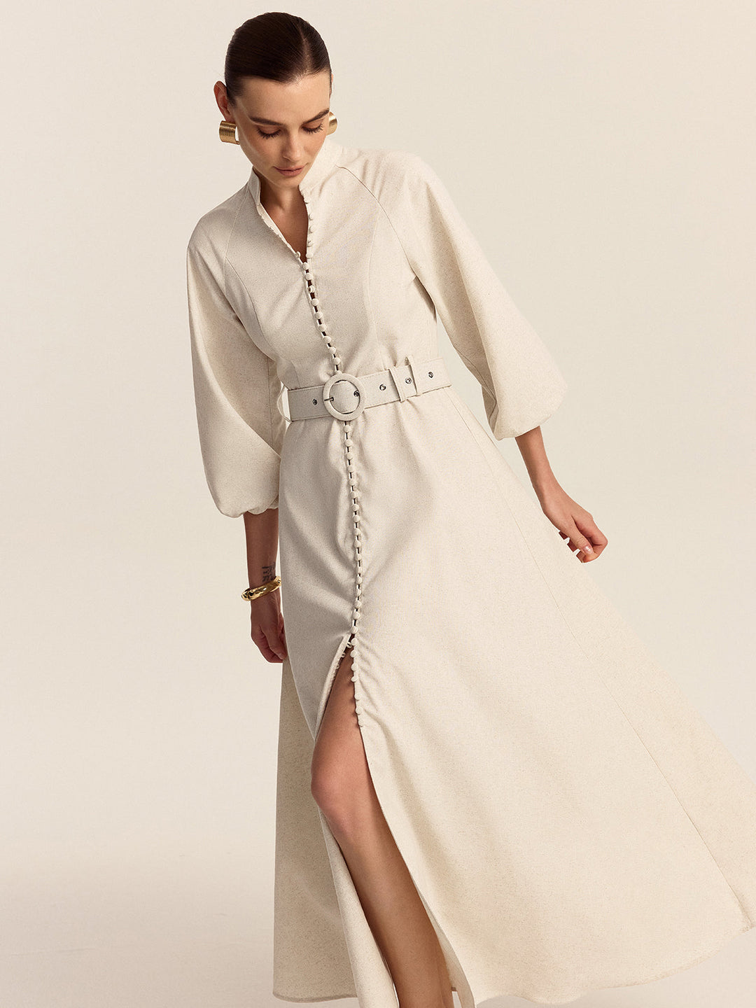 Belted Button Front Maxi Dress