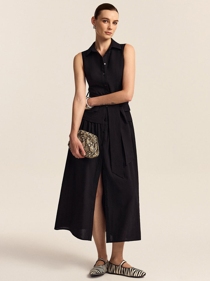 Button-Front Midi Dress with Belt