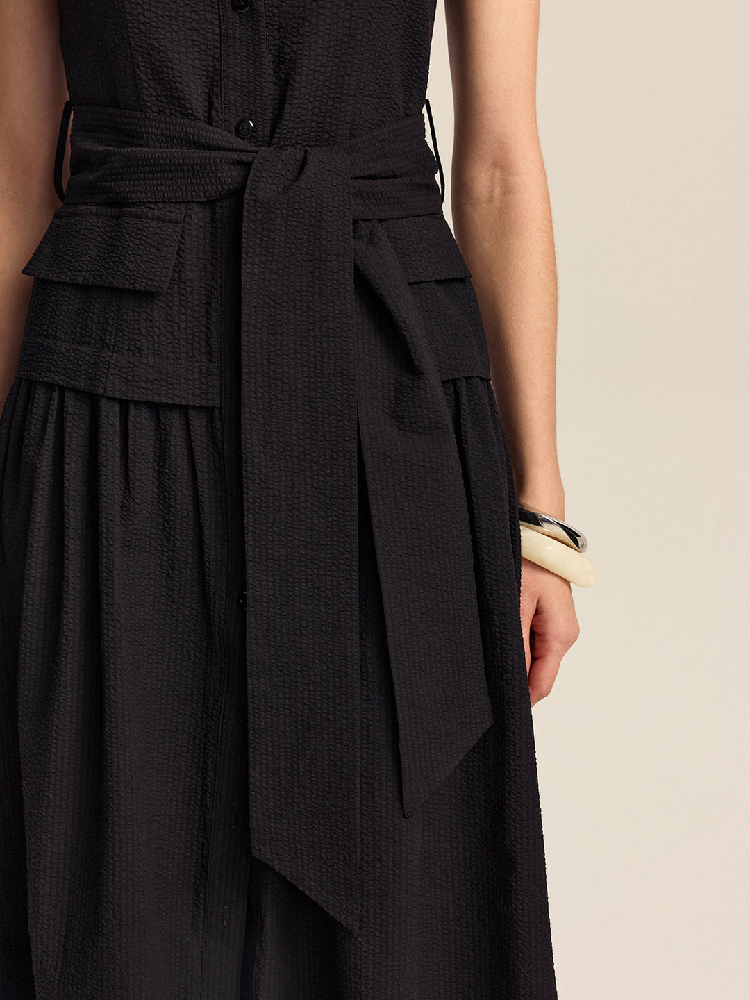 Button-Front Midi Dress with Belt