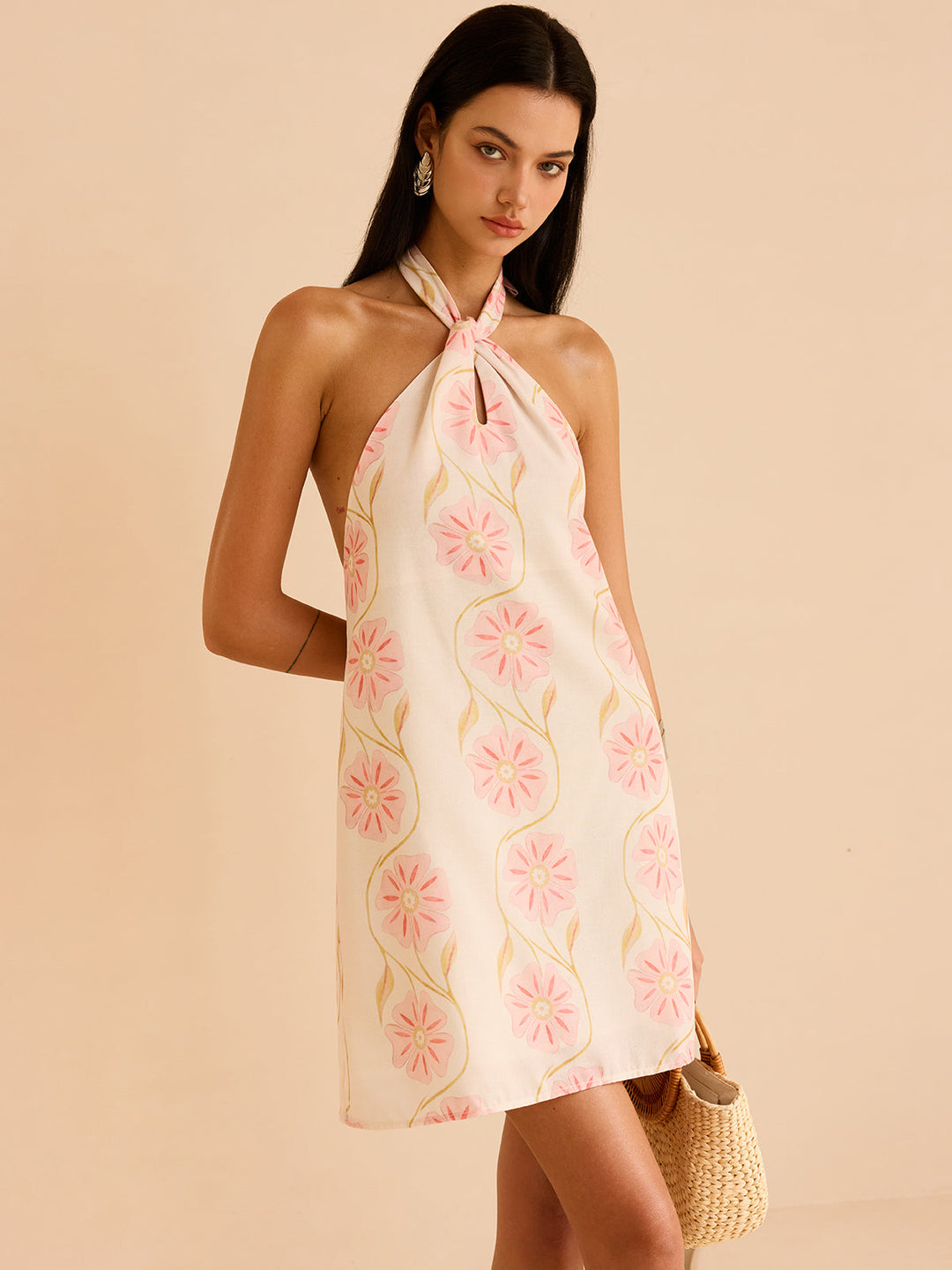 Halter Neck Floral Print Mini Dress