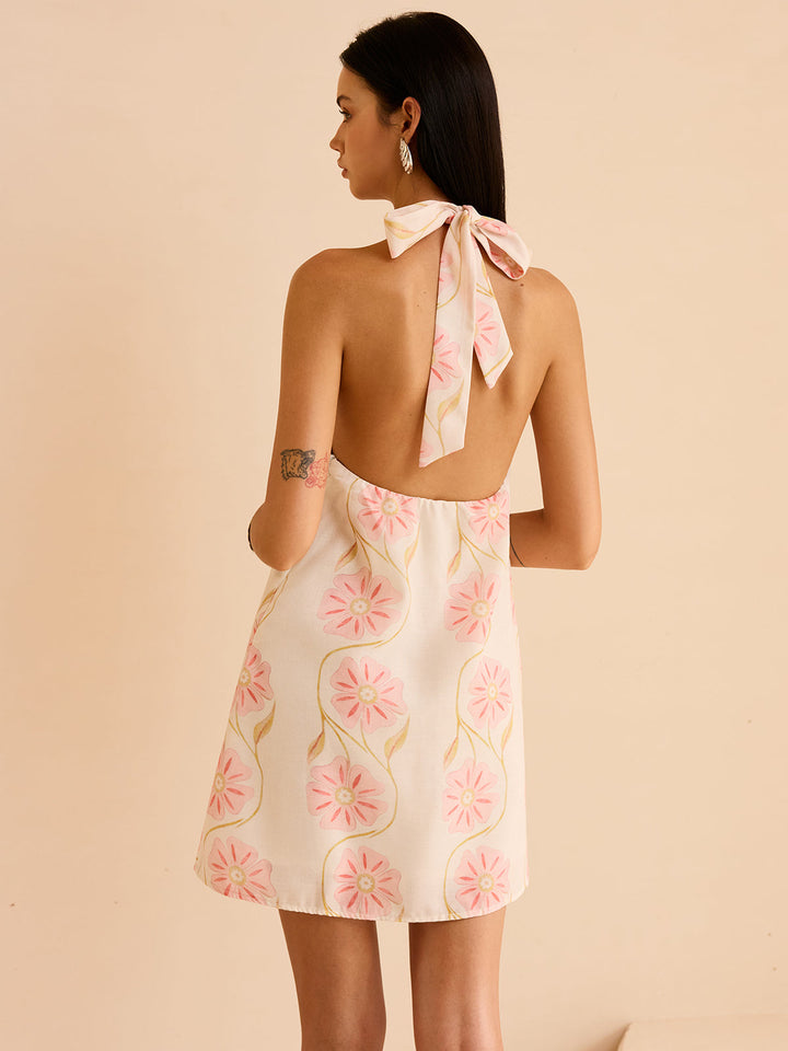 Halter Neck Floral Print Mini Dress
