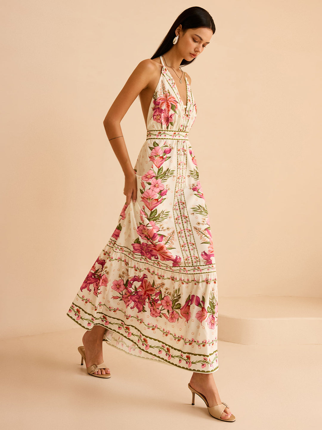 Floral Print Halter Backless Maxi Dress