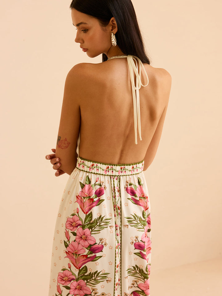 Floral Print Halter Backless Maxi Dress