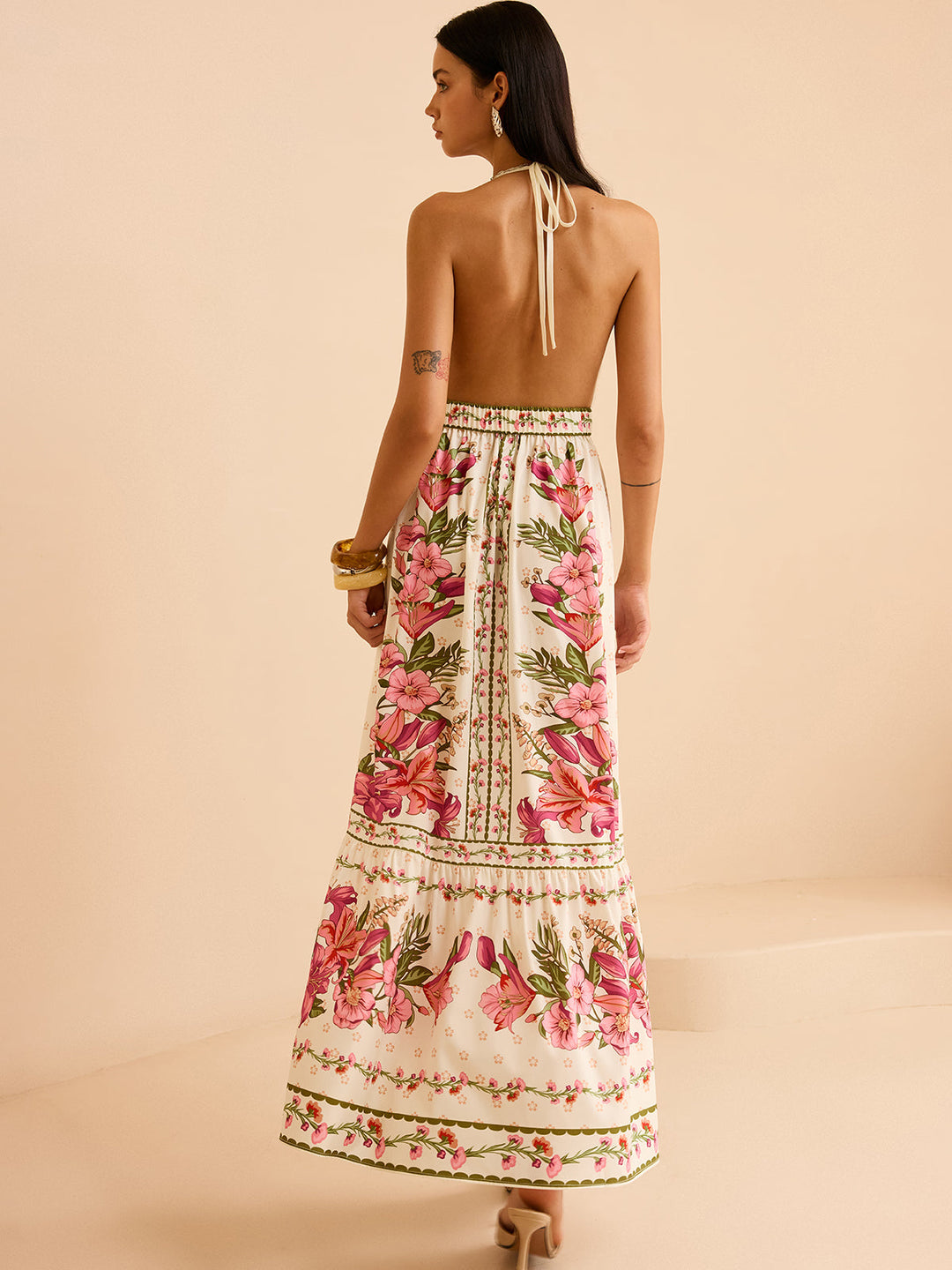 Floral Print Halter Backless Maxi Dress