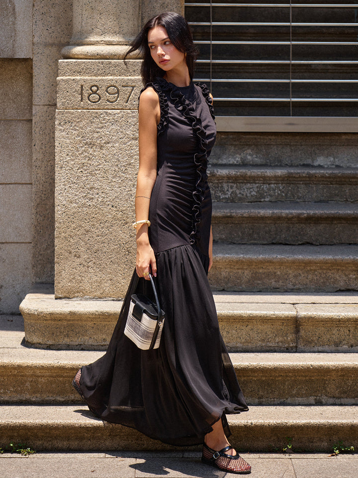 Ruffled Detail Ruched-Front Maxi Dress