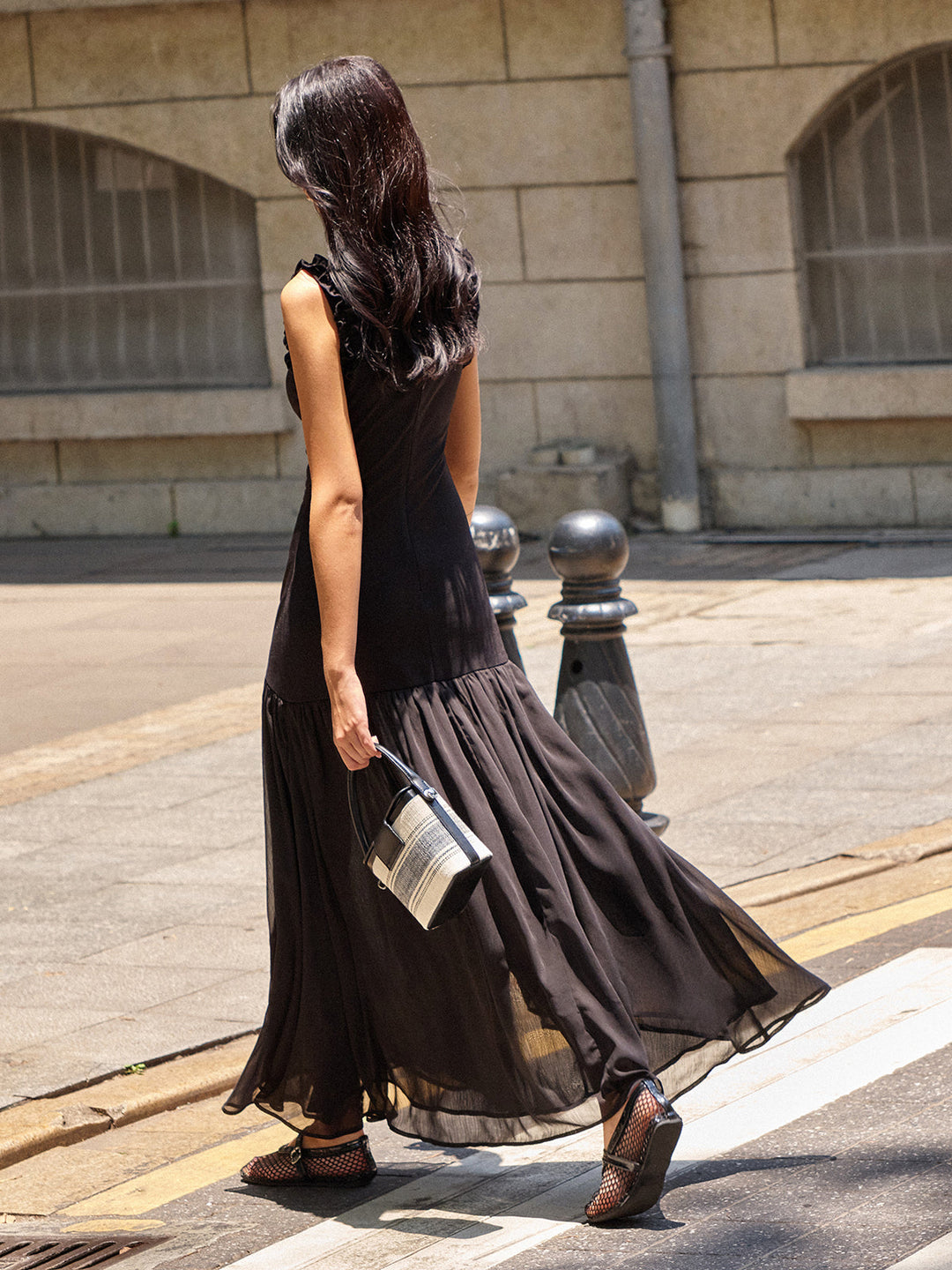 Ruffled Detail Ruched-Front Maxi Dress