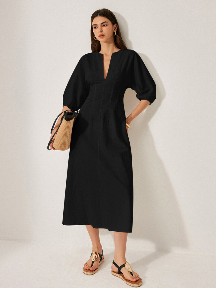 Cotton & Linen Puff Sleeve Dress Without Belt