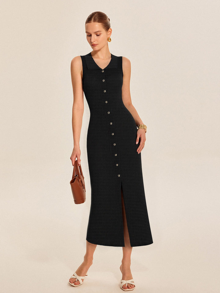 Ribbed Knit Button-Down Midi Dress