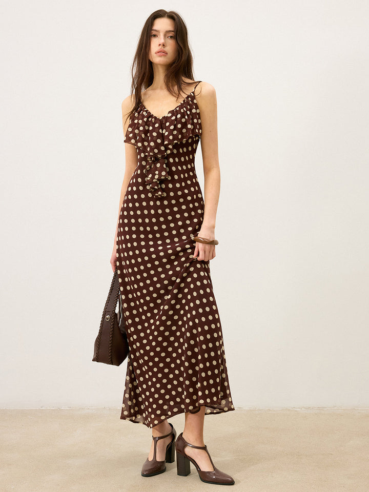 Semi-Sheer Polka Dot Ruffle Cami Maxi Dress