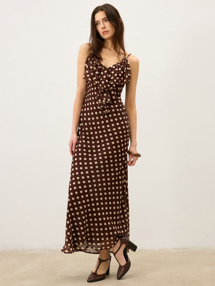 Semi-Sheer Polka Dot Ruffle Cami Maxi Dress