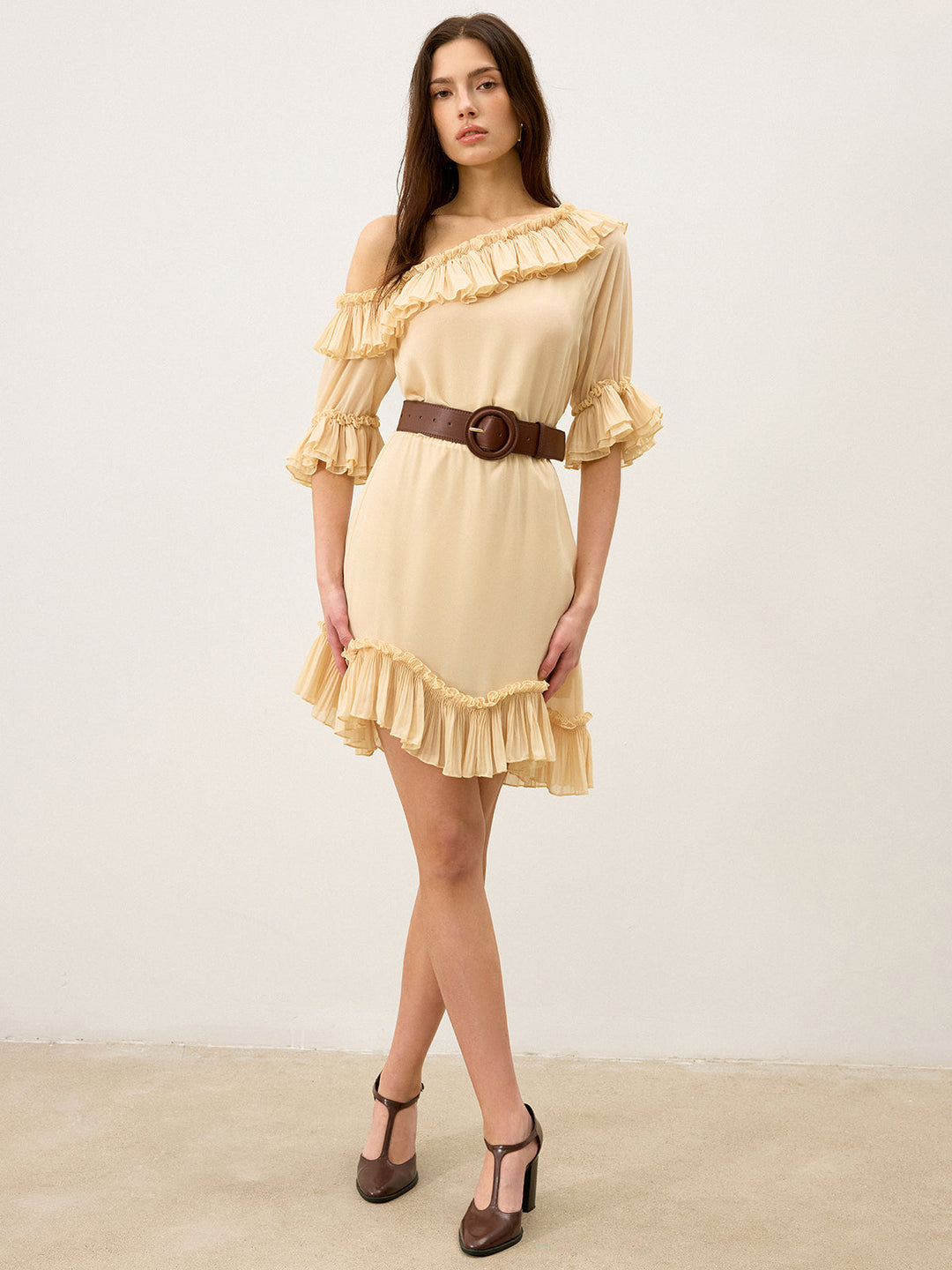 Semi-Sheer Chiffon One-Shoulder Ruffled Mini Dress
