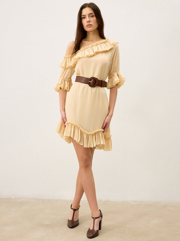 Semi-Sheer Chiffon One-Shoulder Ruffled Mini Dress