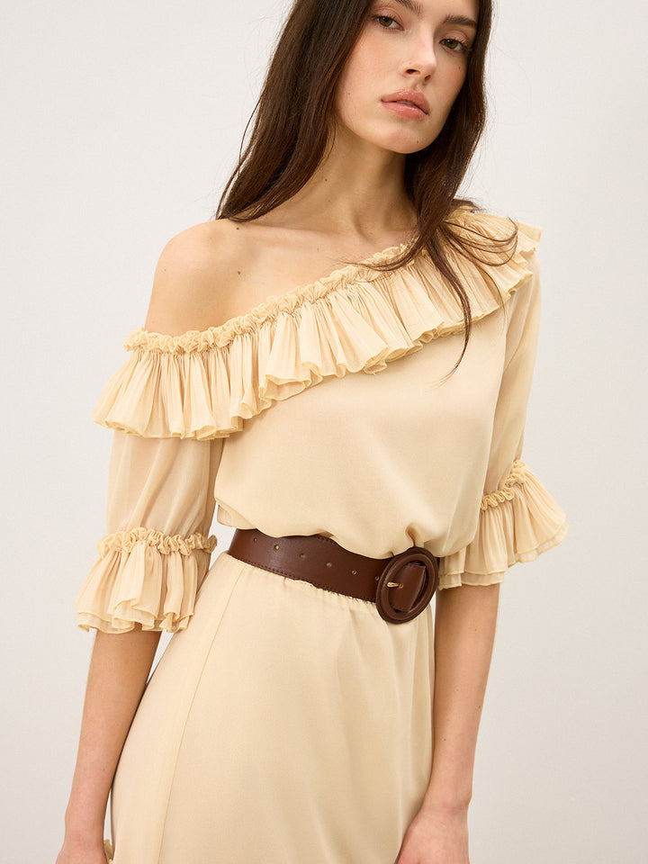 Semi-Sheer Chiffon One-Shoulder Ruffled Mini Dress