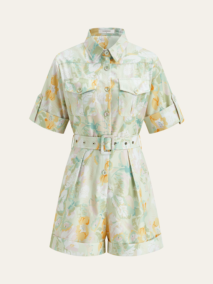 Pocketed Belted Floral Print Jumpsuits