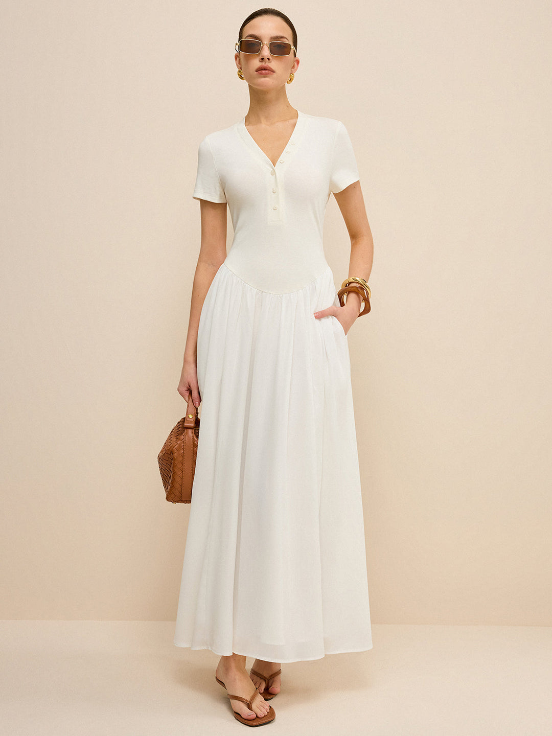 Button-Placket V-Neck Maxi Dress