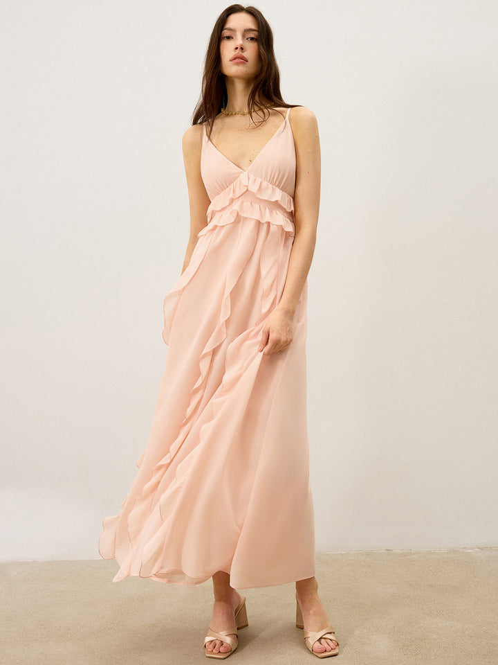 Semi-Sheer Chiffon Ruffle Trim Maxi Dress