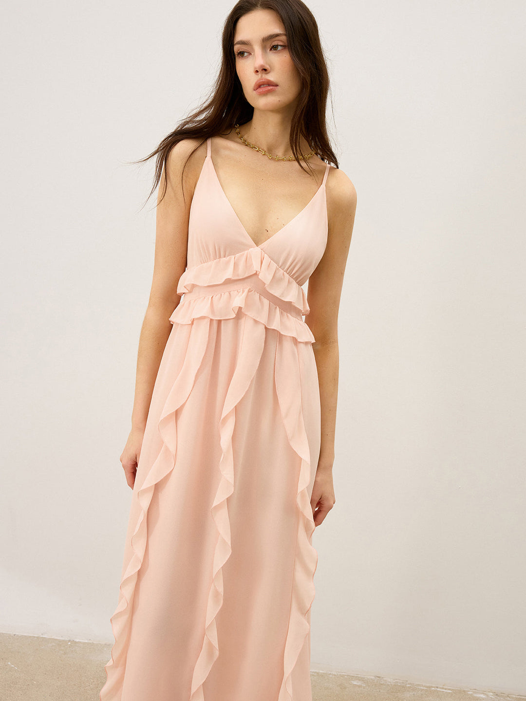 Semi-Sheer Chiffon Ruffle Trim Maxi Dress