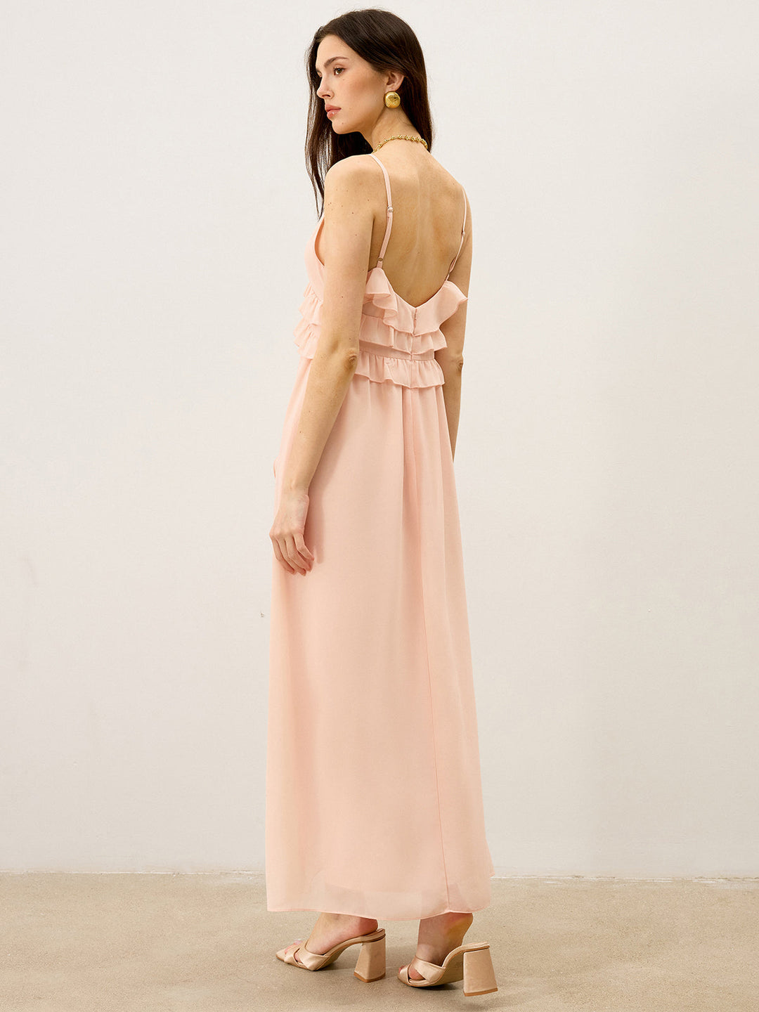Semi-Sheer Chiffon Ruffle Trim Maxi Dress
