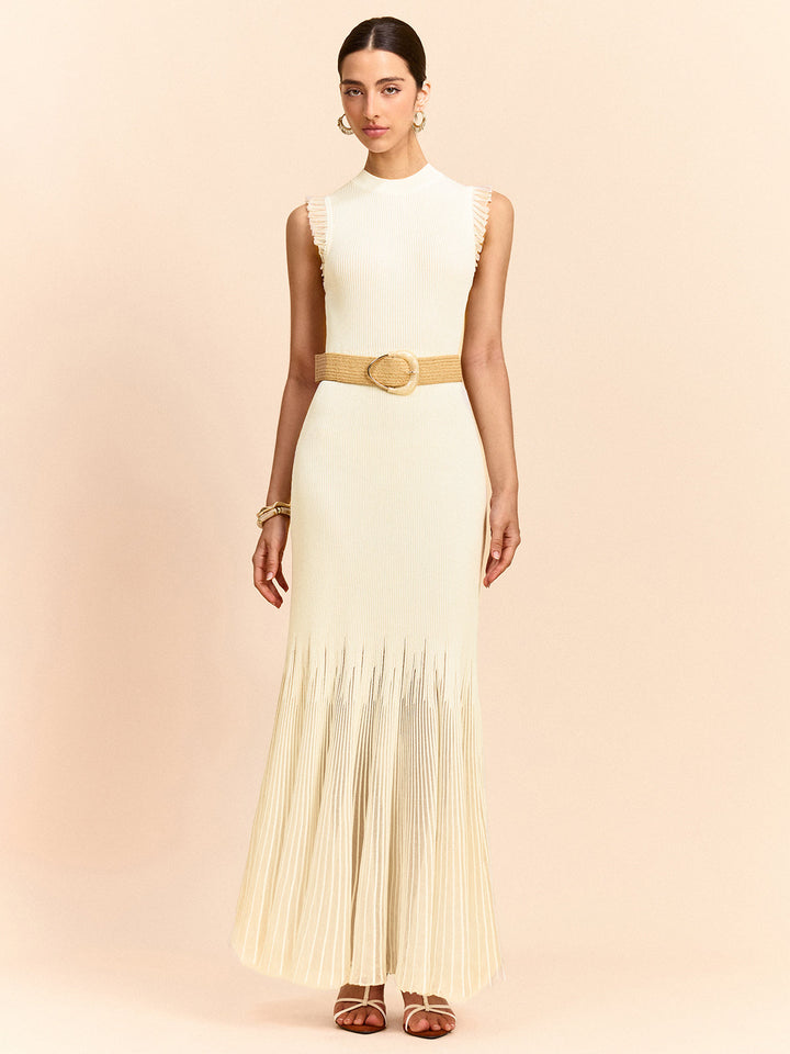 Tulle-Paneled Ruffled Knit Maxi Dress