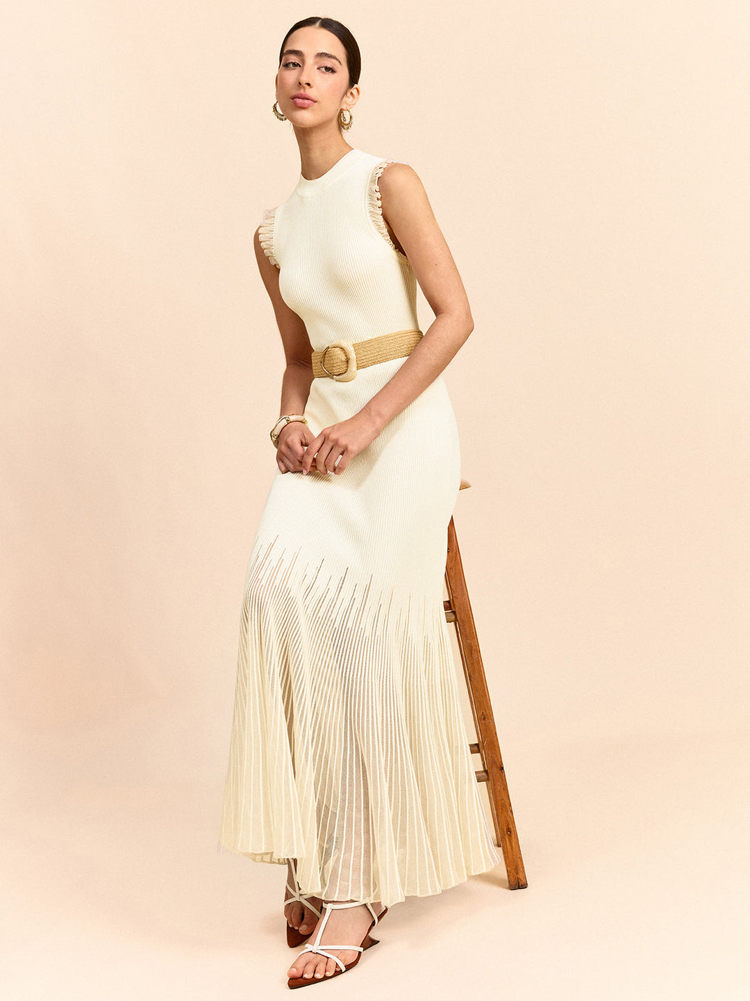 Tulle-Paneled Ruffled Knit Maxi Dress