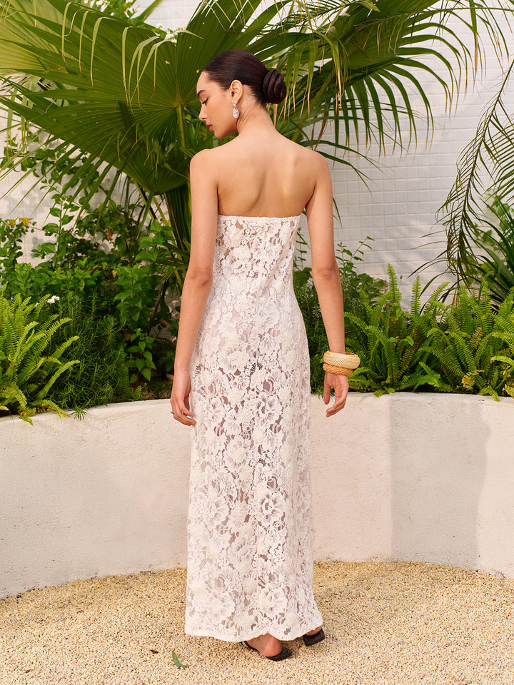 Sheer Jacquard Floral Lace Panel Strapless Dress