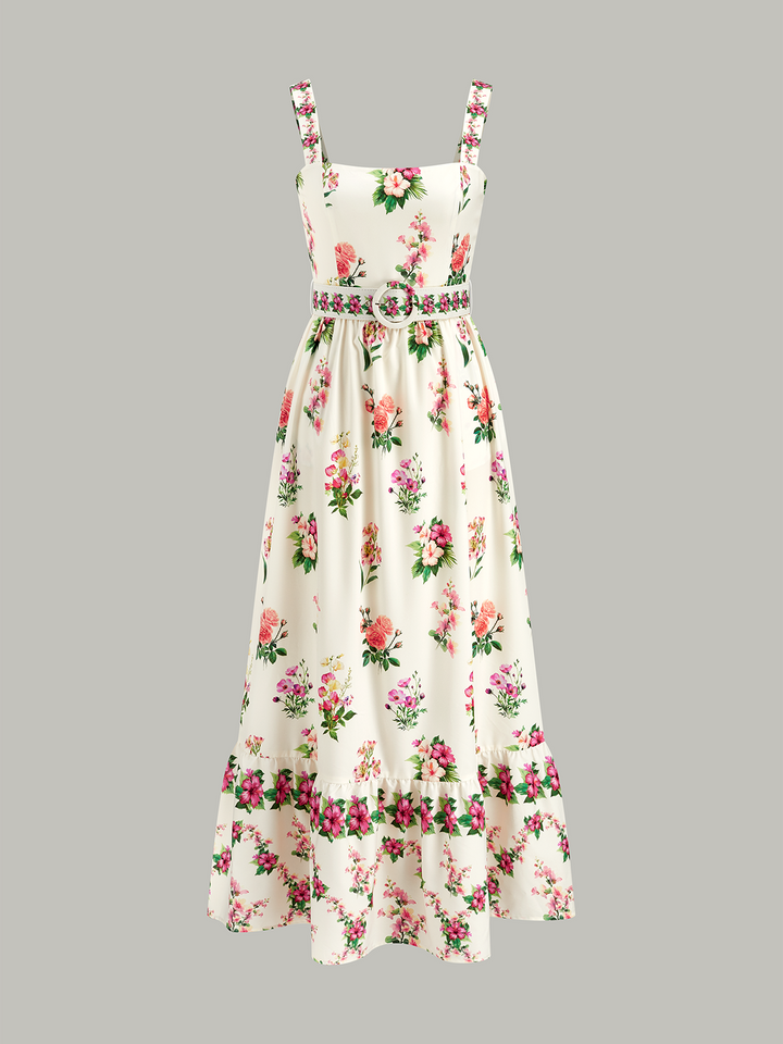 Floral Print Belted Midi Dress