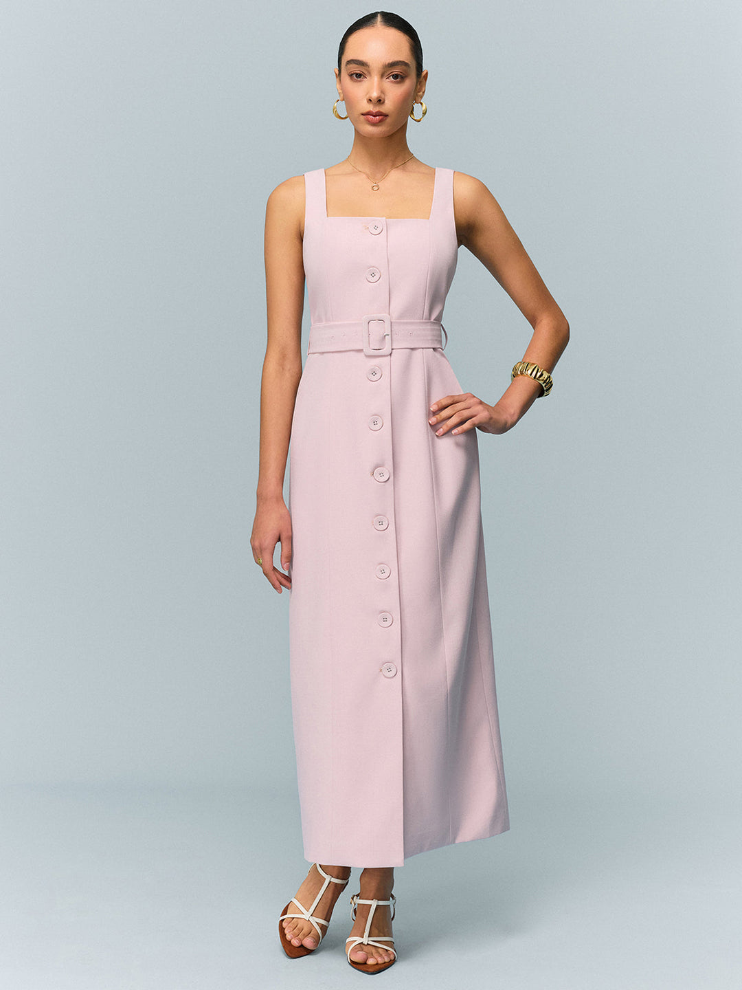 Belted Button-Front Maxi Dress
