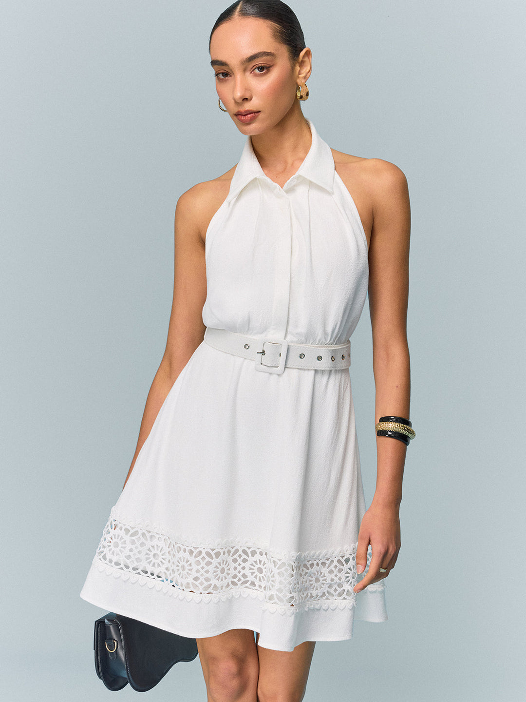 Linen Halter Belted Dress with Lace Hem
