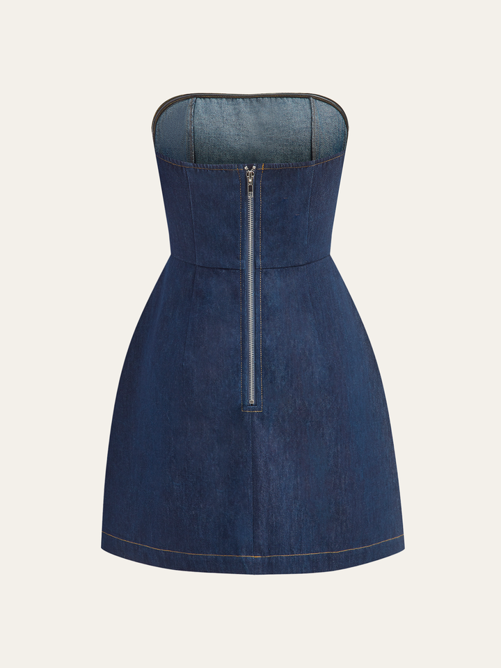 Strapless Denim Mini Dress with Decor Pockets