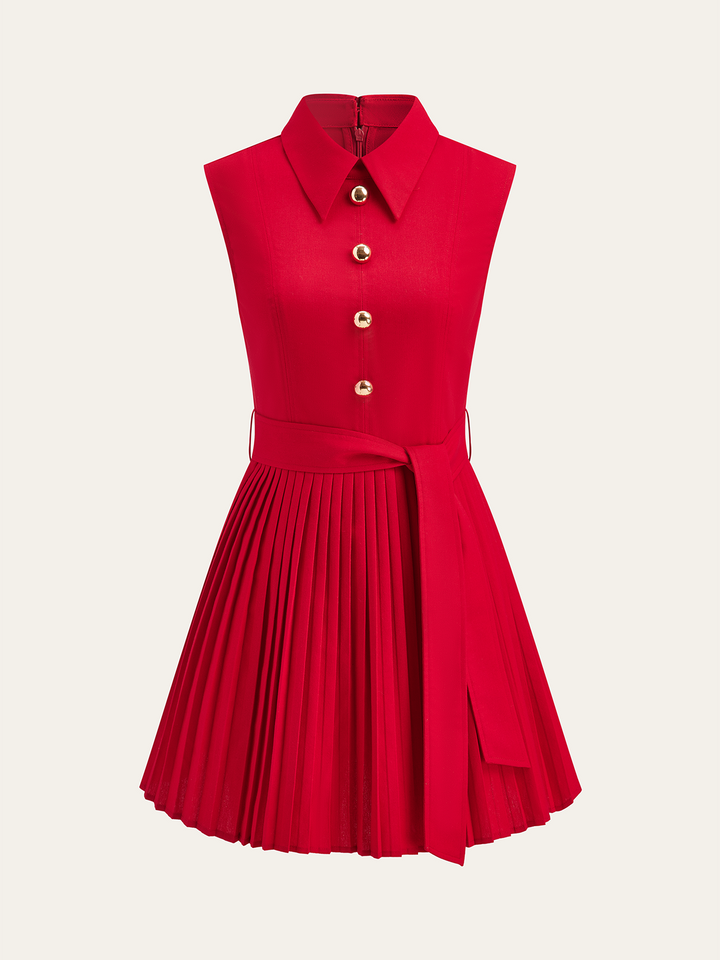 Shirt-Collar Pleated Dress with Belt