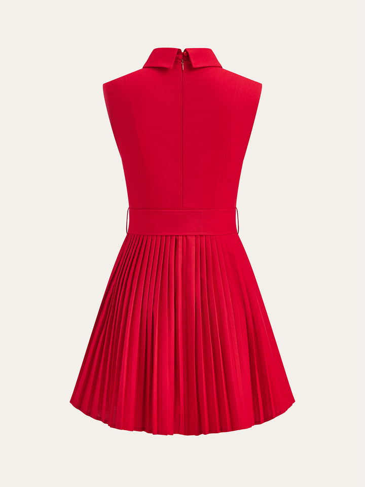 Shirt-Collar Pleated Dress with Belt