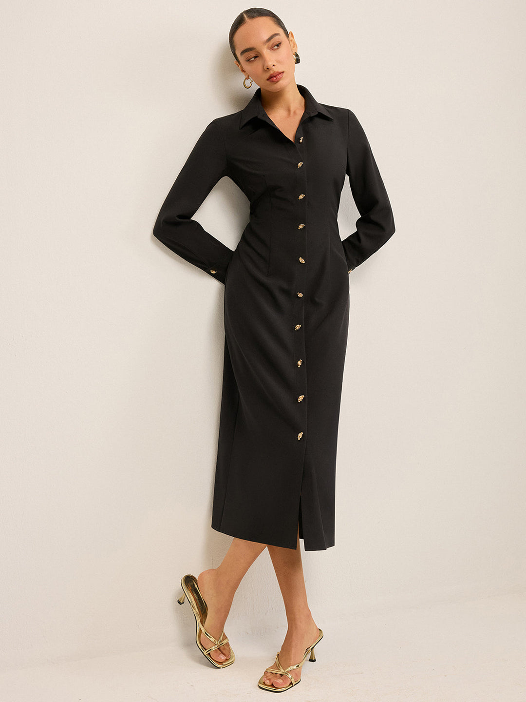 Long Sleeve Button-Front Shirt Dress
