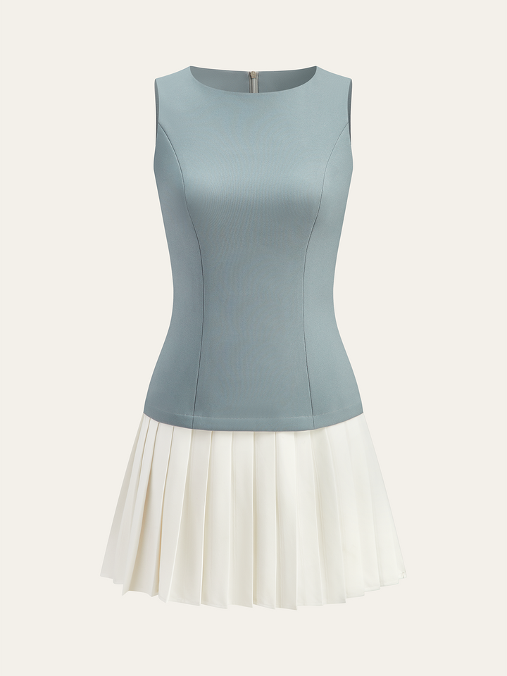Sleeveless Top Pleated Skirt Paneled Mini Dress