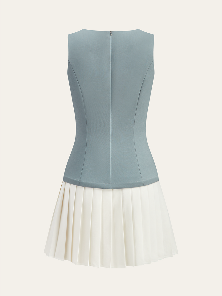 Sleeveless Top Pleated Skirt Paneled Mini Dress