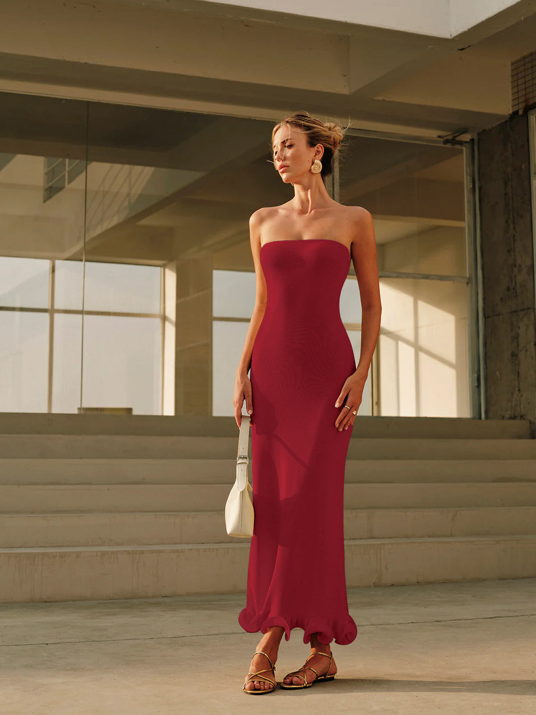 Cold-Shoulder Knit Ruffle Dress