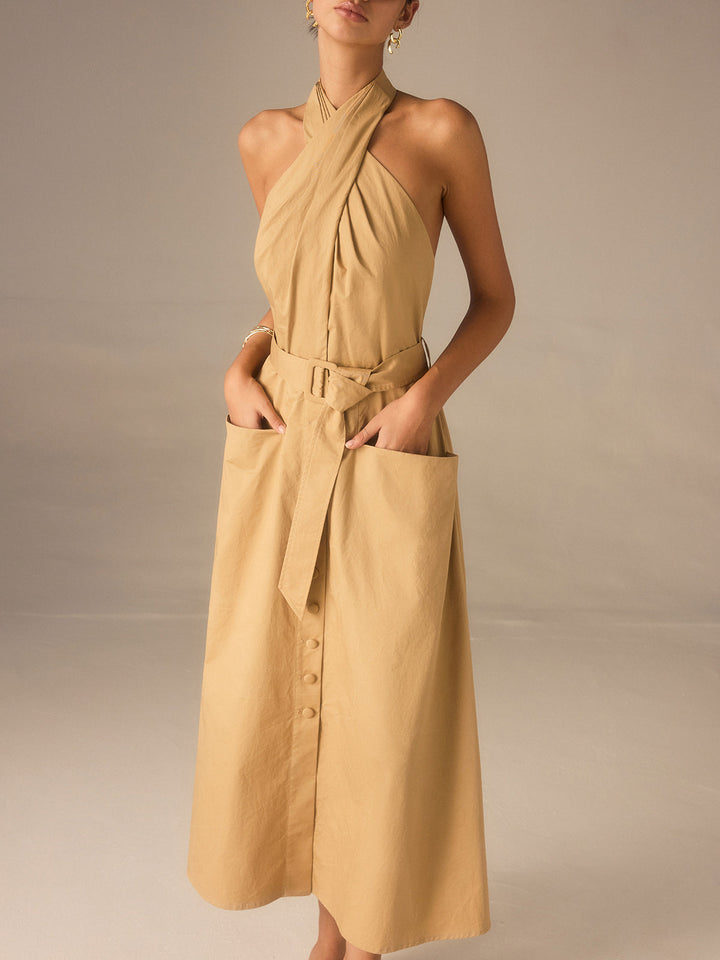 Cotton Pleated Halter Neck Belted Midi Dress
