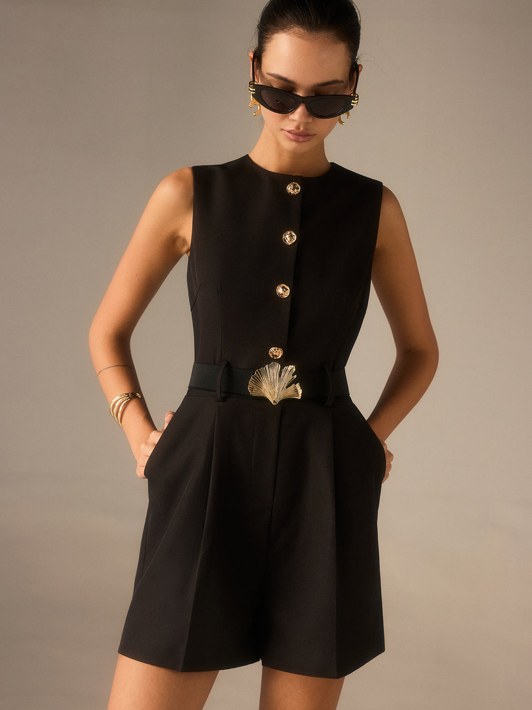 Metal Button Belted Jumpsuit