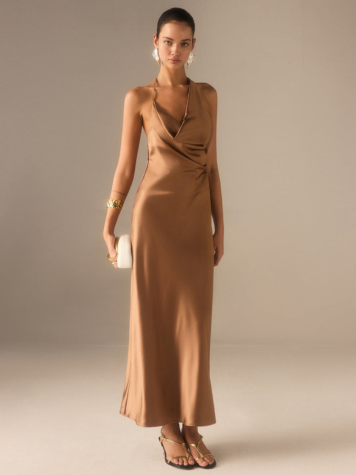 Satin Halter-Neck Backless Maxi Dress