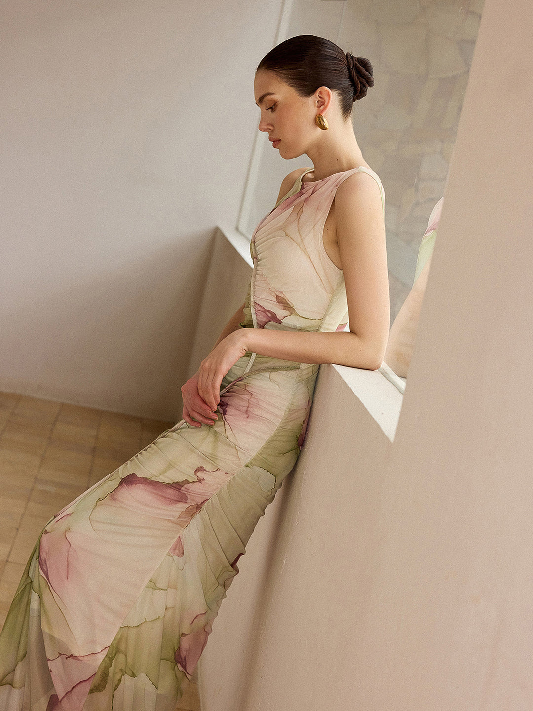 Printed Semi-Sheer Mesh Maxi Dress